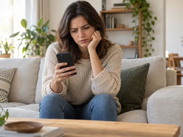 A homeowner on the sofa looking at her phone